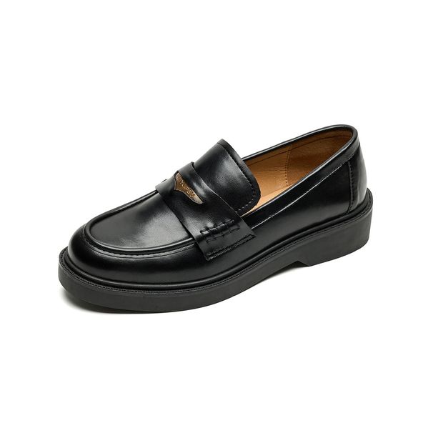 Platform Loafers Women's Autumn Retro Black One-pedal Temperament College Style Small Leather Shoes_vogvips.com