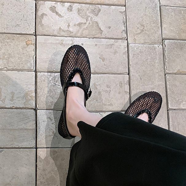 Women's Sheepskin Openwork Mesh Sandals Summer Style One Strap round Toe Flat Low Cut Mary Jane Ballet Flats_vogvips.com