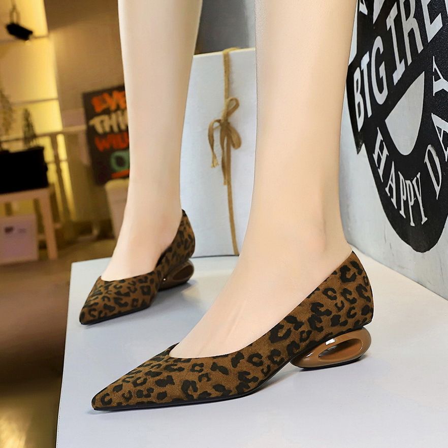 pointed Leopard Print Suede Single Shoes Women's Low Heel Shallow Mouth Hollow Heel Low Heel Shoes Women's Shoes_vogvips.com