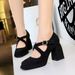 9613-8 Style Women's Shoes With High Thick Heels, Waterproof Platform, Shallow Mouth, Square Head, Belt Buckle, Suede_vogvips.com