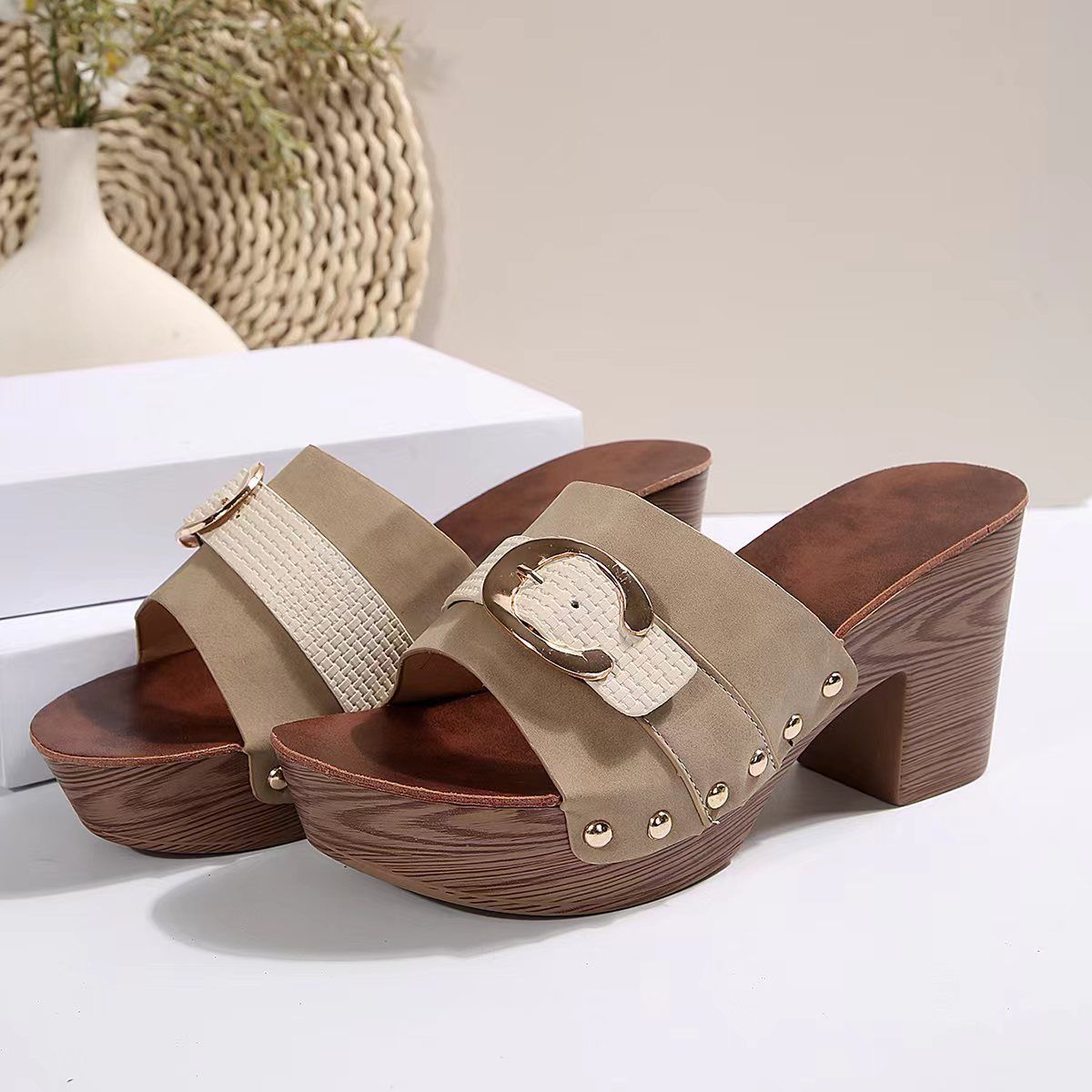 Women's Chunky Heel 2024 Summer New European And American Style High-heeled Shoes Large Size Comfortable Thick-soled_vogvips.com