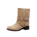 Round Toe Chunky Heel Thick Sole Belt Buckle For Women 2025 Autumn Winter New Western Cowboy Style Short Tube Riding_vogvips.com
