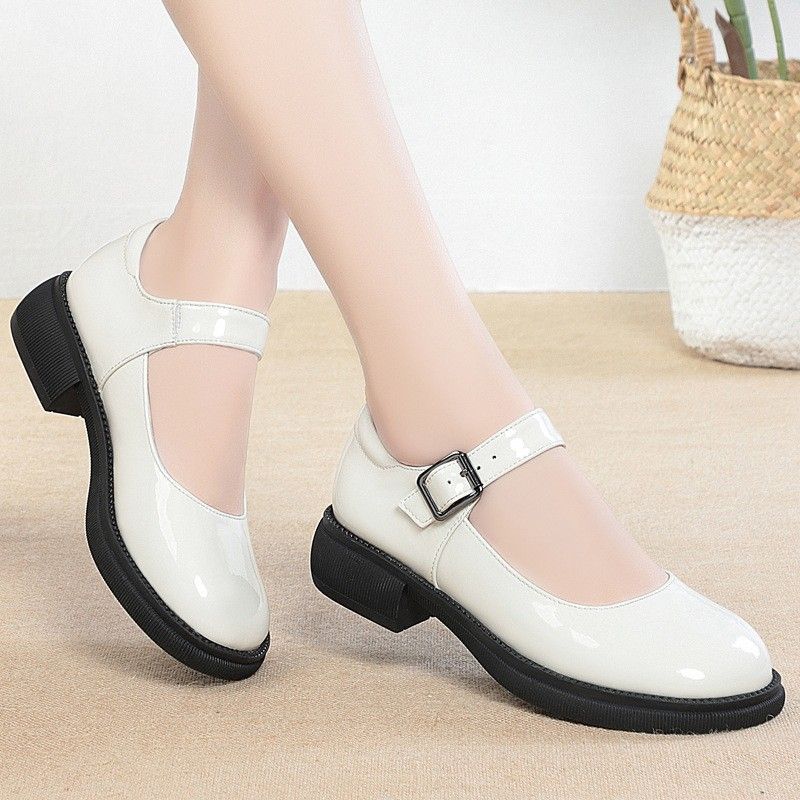 Spring New JK Women's Leather With Round Toe, Chunky Heel, Patent Single Strap Buckle, Leather, Soft Sole, Student Shoes_vogvips.com