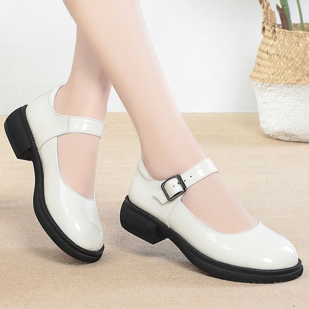 Spring New JK Women's Leather With Round Toe, Chunky Heel, Patent Single Strap Buckle, Leather, Soft Sole, Student Shoes_vogvips.com