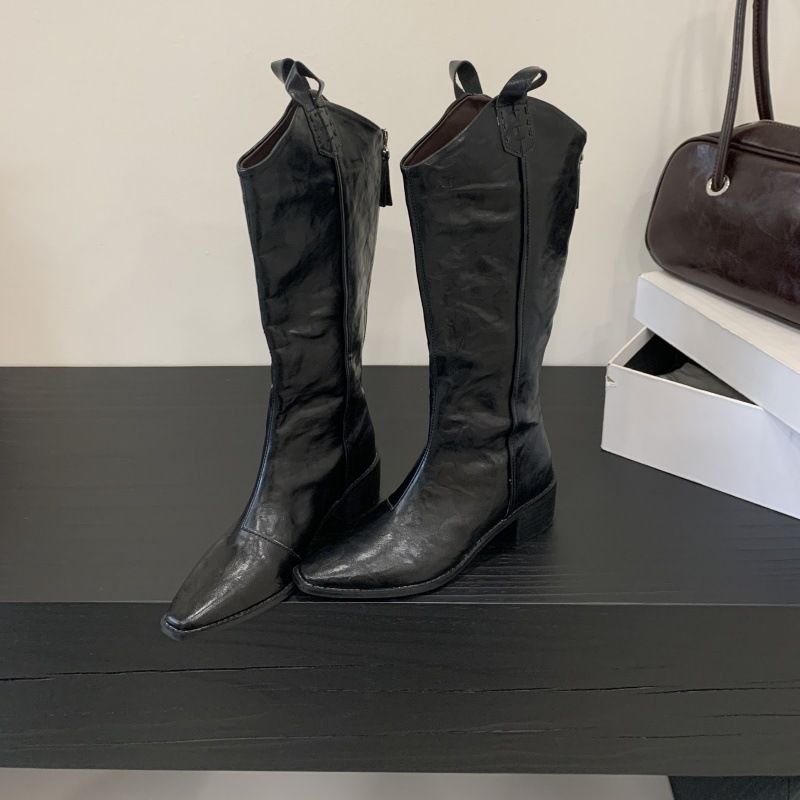 Retro Pointed-Toe V-Cut High-Tube Western For Petite Women, Chunky Heel Over-The-Knee Boots, Long Riding Boots_vogvips.com