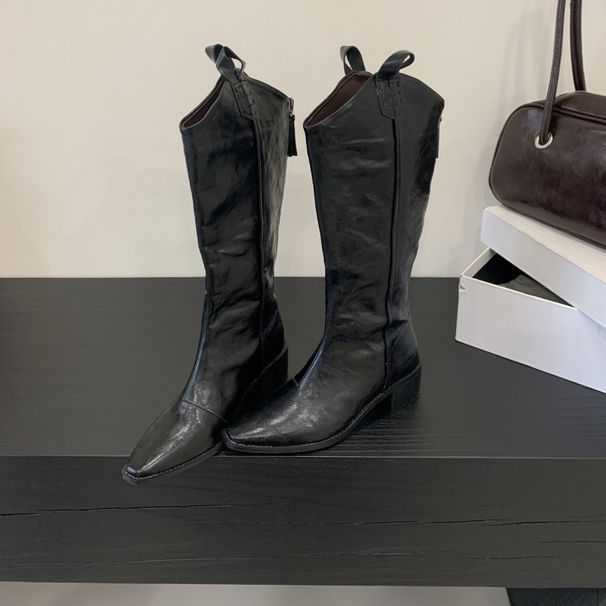 Retro Pointed-Toe V-Cut High-Tube Western For Petite Women, Chunky Heel Over-The-Knee Boots, Long Riding Boots_vogvips.com