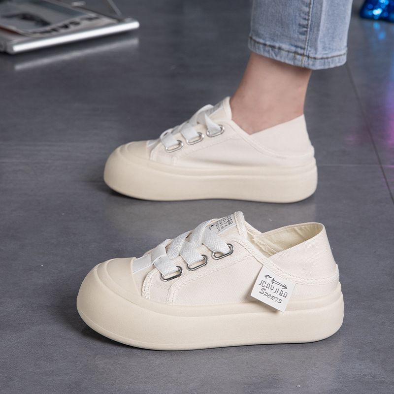Platform Canvas Shoes Female Students Casual Half Drag White Shoes Breathable Versatile Board Shoes_vogvips.com