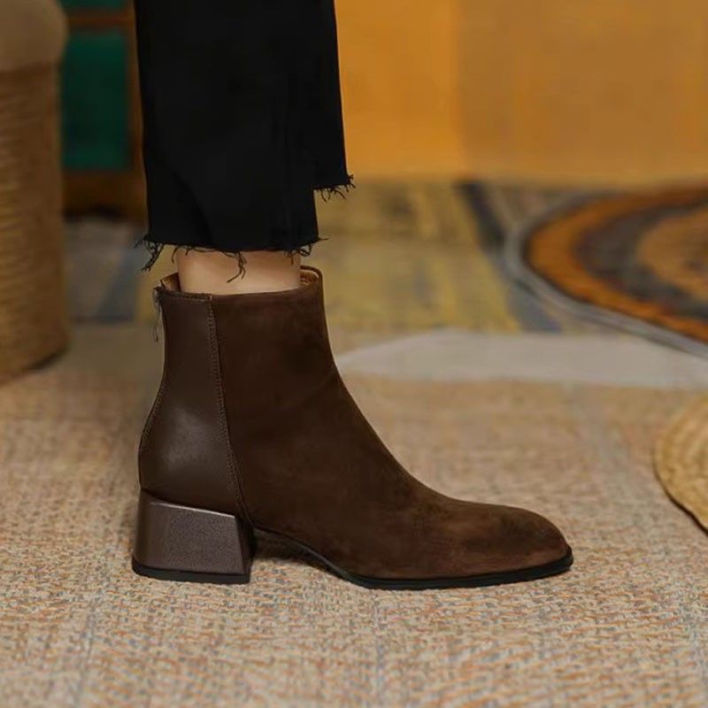 Women's Suede Mid Heel Martin Boots Size 34 Winter New Style Slimming Back Zipper Retro Patchwork Short Boots_vogvips.com