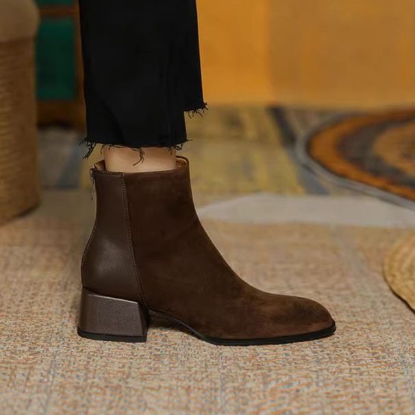 Women's Suede Mid Heel Martin Boots Size 34 Winter New Style Slimming Back Zipper Retro Patchwork Short Boots_vogvips.com