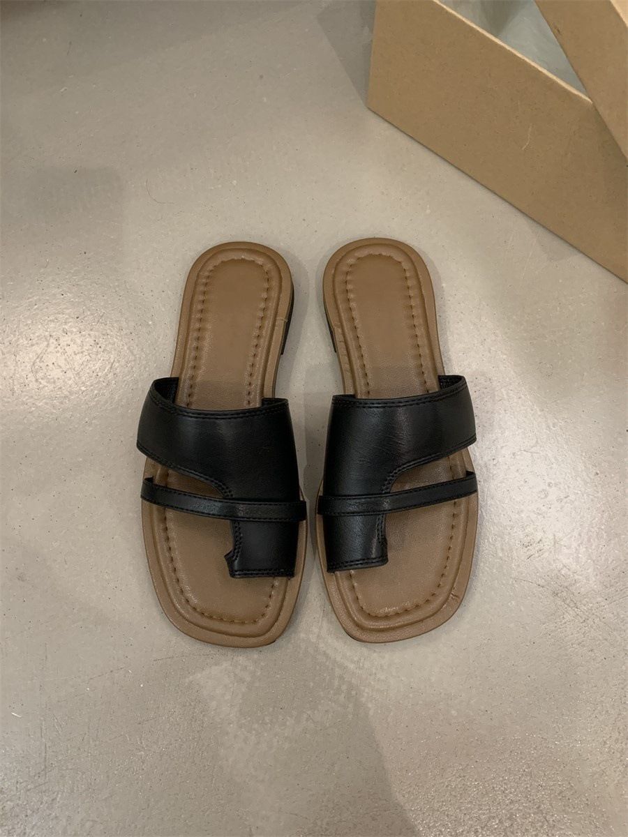 Roman For Women, Flat Outdoor Slippers, 2025 Spring/Summer New Square Toe Slip-On Beach Sandals_vogvips.com