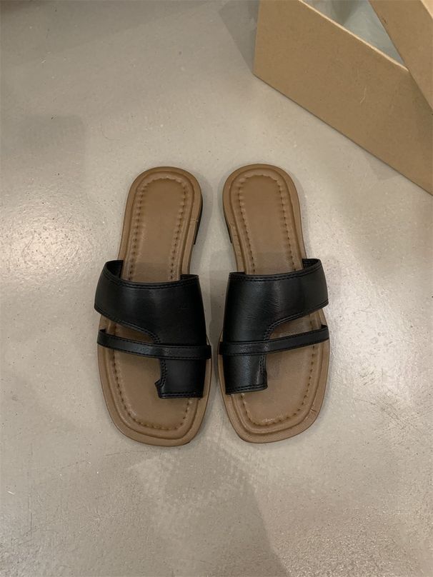 Roman For Women, Flat Outdoor Slippers, 2025 Spring/Summer New Square Toe Slip-On Beach Sandals_vogvips.com