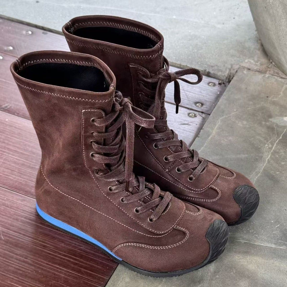 Women Boxing Boots 2025 Winter New Genuine Leather Round Toe Color Block Stretch Slim Short Height Increasing Slimming Boxing Women's Boots_vogvips.com