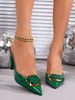 New Cross-border Spring-summer Women's Elegant Chunky-heeled Shallow Pointed-toe Solid Color Shiny Backless Shoes With_vogvips.com