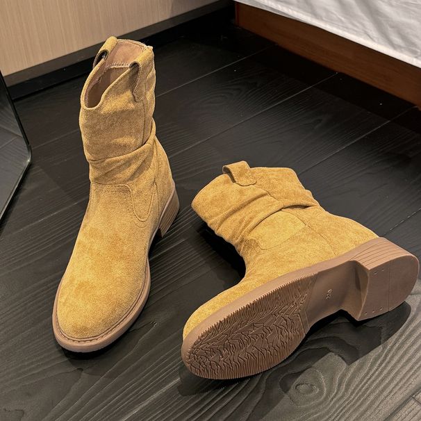 2026 Vintage Round Toe Short For Women Autumn New Fahion Veratile Caual Mid-Calf Wrinkled Wetern Stacked Martin_vogvips.com