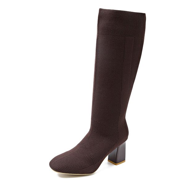 Winter Women's Flyknit High Heeled Fashion Boots New Plus Size Chunky Heel Slimming Breathable Elastic Slim Fit Shoes_vogvips.com