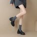 Thick-heeled Loafers Women's One-footed Round Toe Single Shoes Leather Commuter Lazy Leather Shoes._vogvips.com
