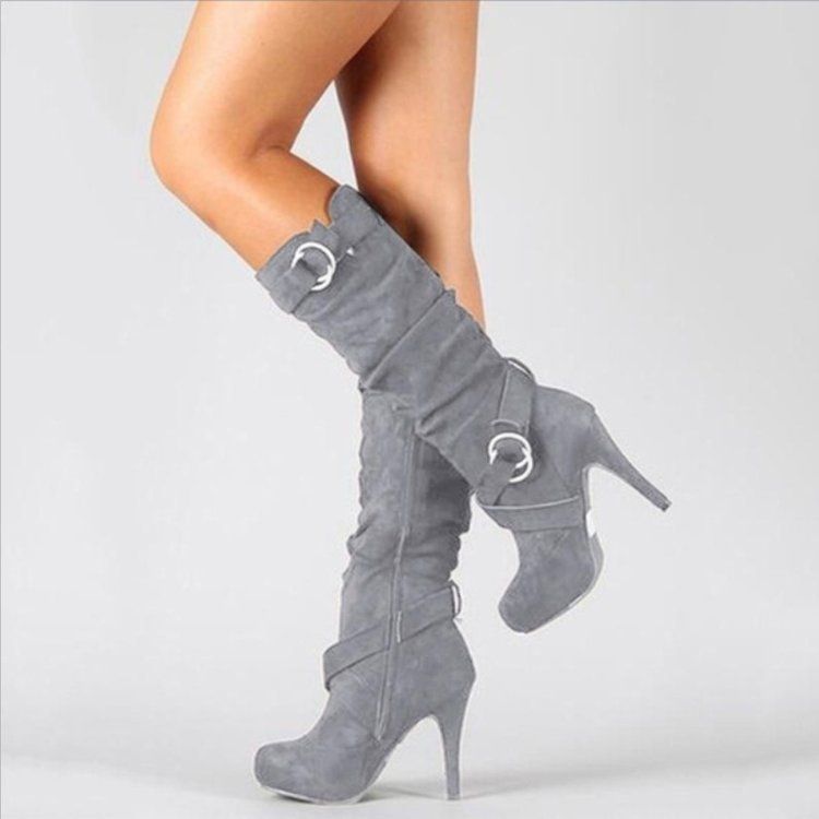 Women's Fashion Belt Buckle High Boots Fine Heel High Heeled Boots_vogvips.com