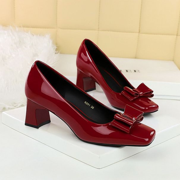 Square Head Bow Shallow Mouth Single Shoes Patent Leather Thick Heel Comfortable Women's Shoes_vogvips.com