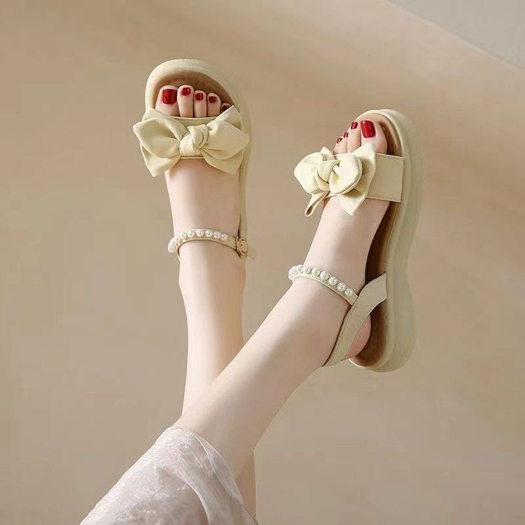 Fairy Wind Bow Sandals Female Platform Pearl Elastic Open-toed Roman Beach Shoes With Skirt_vogvips.com