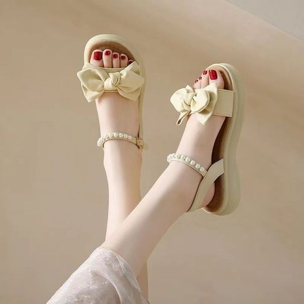 Fairy Wind Bow Sandals Female Platform Pearl Elastic Open-toed Roman Beach Shoes With Skirt_vogvips.com