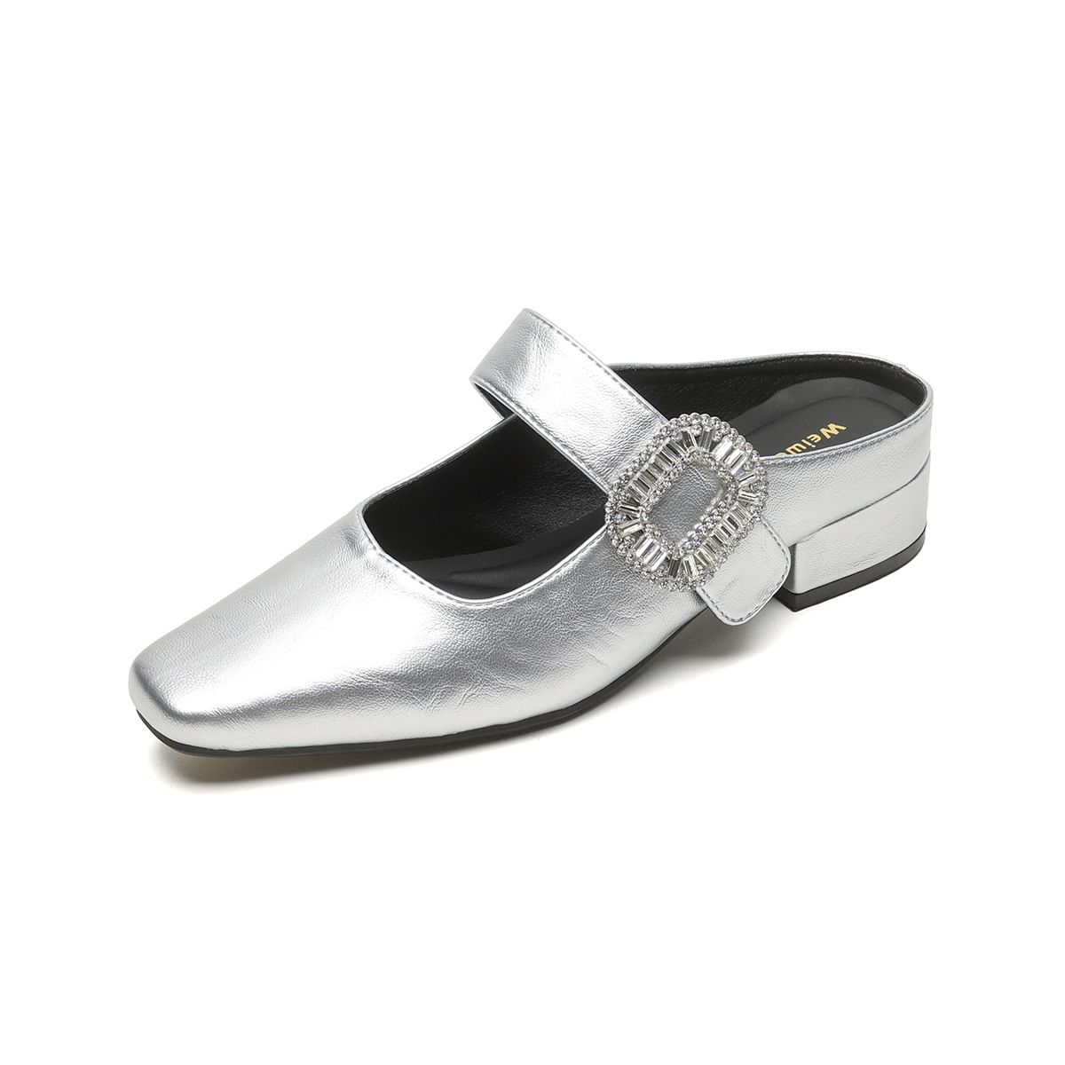 Weiwei Girl 958 French Style Square Toe Slippers for Women Thick Soled Single Strap Rhinestone Embellished Closed Toe Summer Wear_vogvips.com