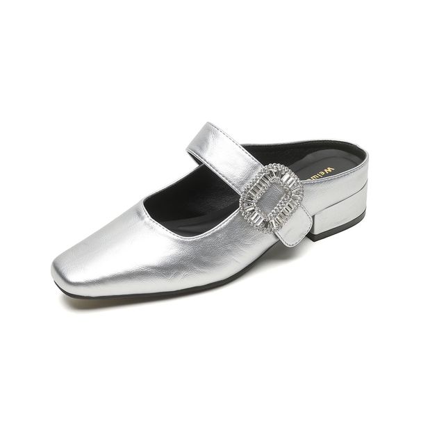 Weiwei Girl 958 French Style Square Toe Slippers for Women Thick Soled Single Strap Rhinestone Embellished Closed Toe Summer Wear_vogvips.com