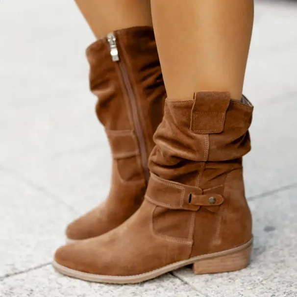 Autumn Winter Artificial Suede Casual Low Heels University Style Shoes Zipper 40-43 Womens Knee High Boots 241116_vogvips.com