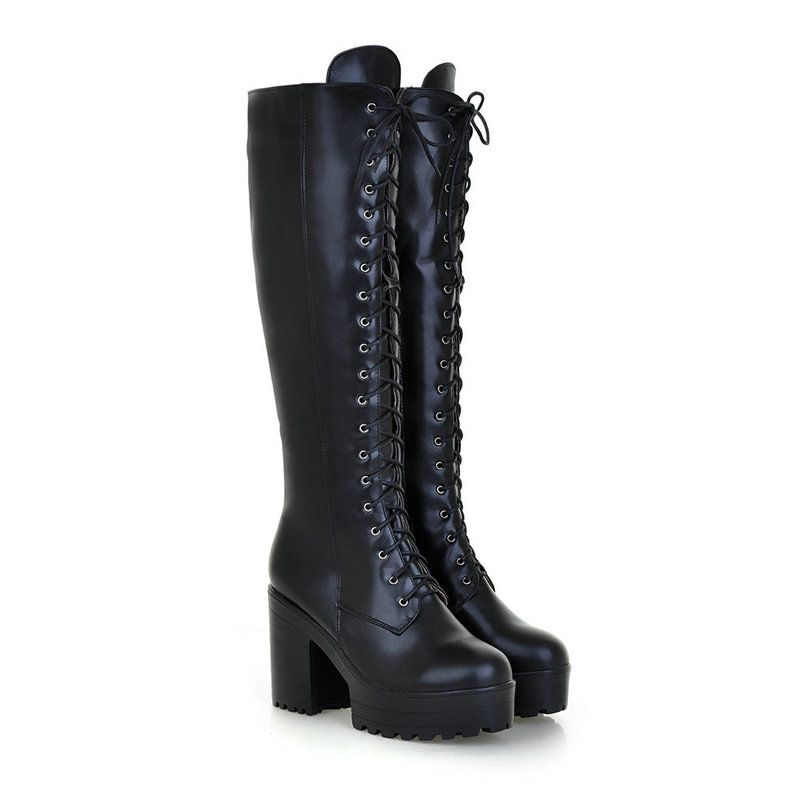 Women's High Side Zipper Long Tube Lace-up Chunky Heel Martin Boots Plus Size Shoes_vogvips.com