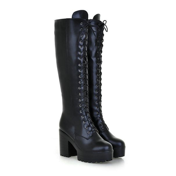 Women's High Side Zipper Long Tube Lace-up Chunky Heel Martin Boots Plus Size Shoes_vogvips.com