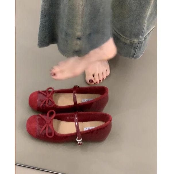 French Red Inner Height Increase Mary Jane Shoes Women's Shallow Mouth Ballet Single Shoes One Word Belt Grandma Shoes_vogvips.com