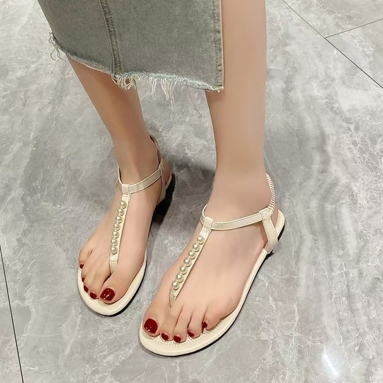 European American Style Women's Sandals To Pair With Skirts, Spring And Summer Flat Pearl Thong Sandals, Niche Retro_vogvips.com