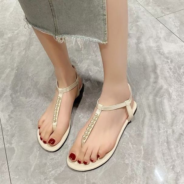 European American Style Women's Sandals To Pair With Skirts, Spring And Summer Flat Pearl Thong Sandals, Niche Retro_vogvips.com