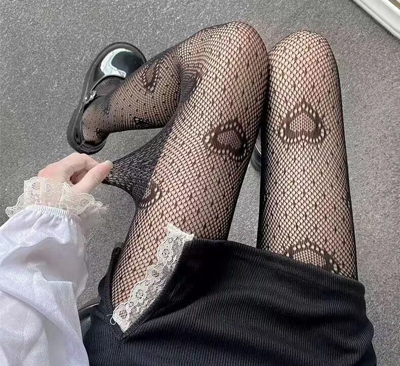 Silk Stockings Black Peach Heart Women's Thin Pantyhose Sexy Lace Bottoming Stockings_vogvips.com