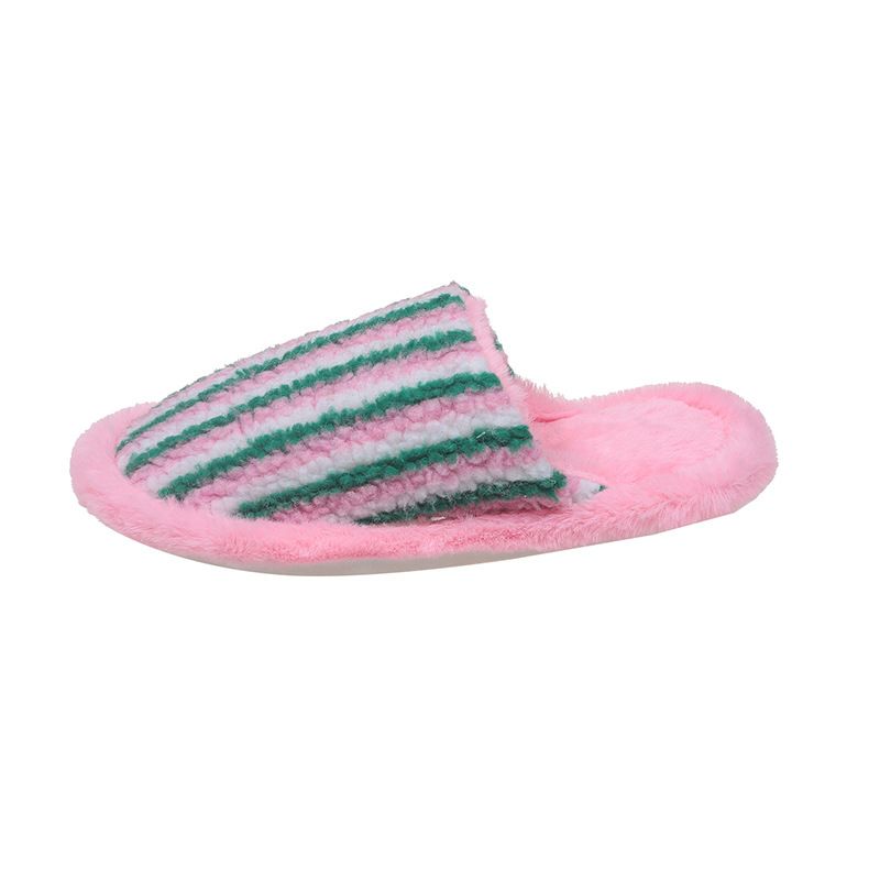 Men And Women's Cozy Striped Fuzzy Slippers For Home Winter Warm Soft Indoor House Shoes Non-Slip Rubber Sole_vogvips.com