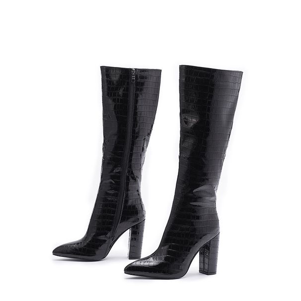 Women's Chunky Heel Pointed Toe Ankle Boots With Side Zipper - Faux Crocodile Texture Fashion Boots For Women Plus Size Short Martin Boots_vogvips.com