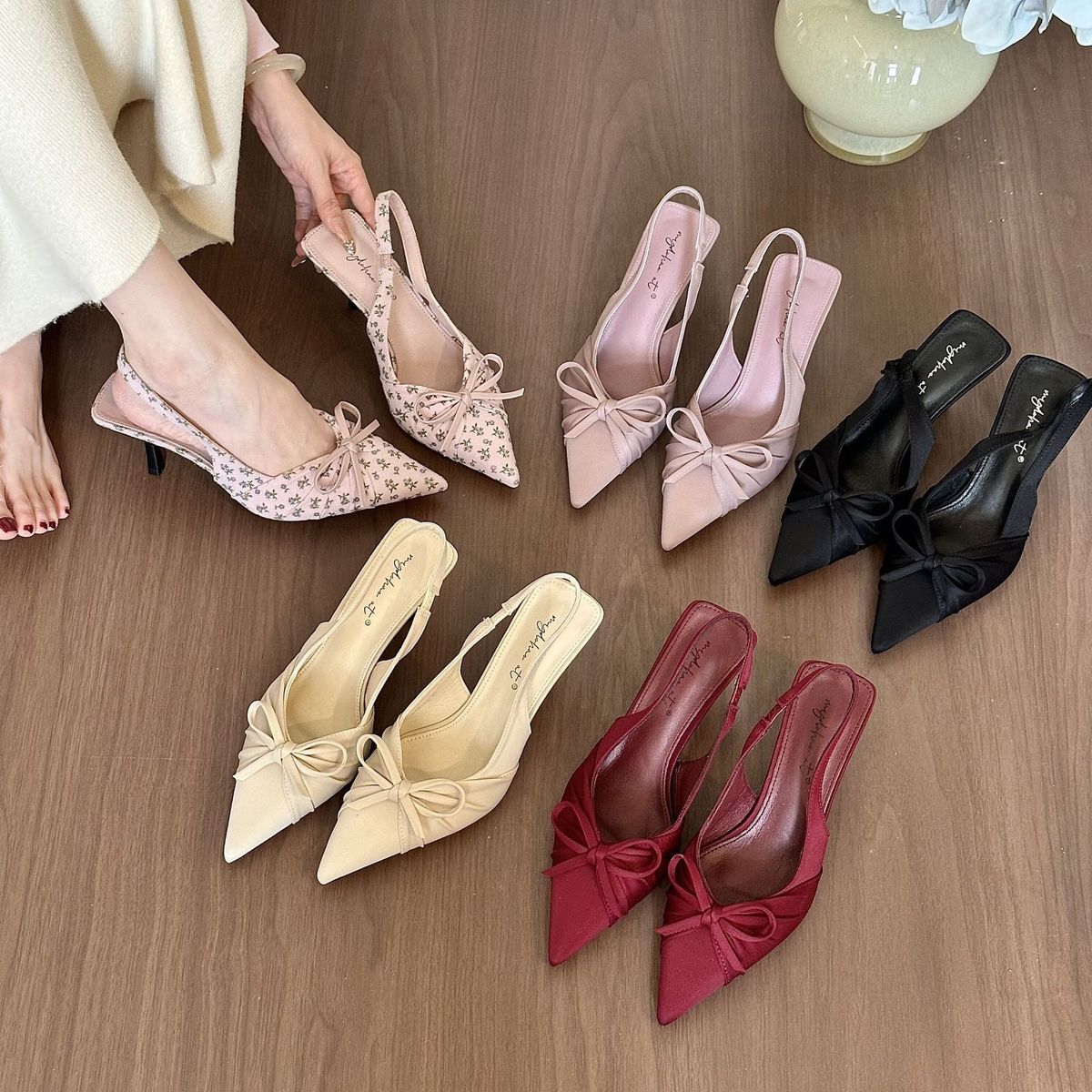 Floral Girl! Early Spring Floral Bow Pointed-toe Shallow High-heeled Shoes Women, Closed-toe Backless Sandals, Elegant_vogvips.com