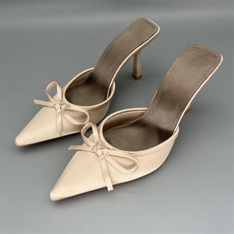 Women's Pointed Toe Bow Detail Satin Mule Heels Slip-On Dress Shoes For Fall Satin Bow Embellished High Heeled Mules Low Cut Outerwear Shoes_vogvips.com
