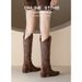 Embroidered Genuine Leather Long Over-the-Knee Boots For Women, Chunky Heel, Runway Style, Denim Stretchy Riding Boots,_vogvips.com