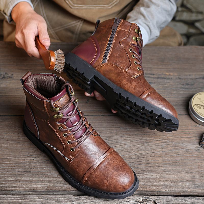Zipper Men's Leather Boots Tooling Martin Boots Men's Retro High Top Boots_vogvips.com