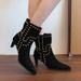 Women's Fashion Boots – Pointed Toe Chunky Heel Mid-Calf Booties With Studded Details & Suede Finish, Comfortable For Wide Feet (Black/Brown)_vogvips.com