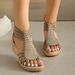 Summer New European And American Foreign Trade Wedge Heel Roman Sandals With Back Zipper, Hollow Design, Rhinestones,_vogvips.com