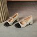 Leather Black White Square-Toed New-Style High-Heeled For Spring Autumn Work, French Mary Jane Shoes With Chain And_vogvips.com