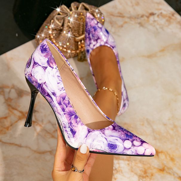 Women's High Heel Sandals Women Fashion Purple Printed Simple Pointed Stiletto High Heel Sandals Women_vogvips.com