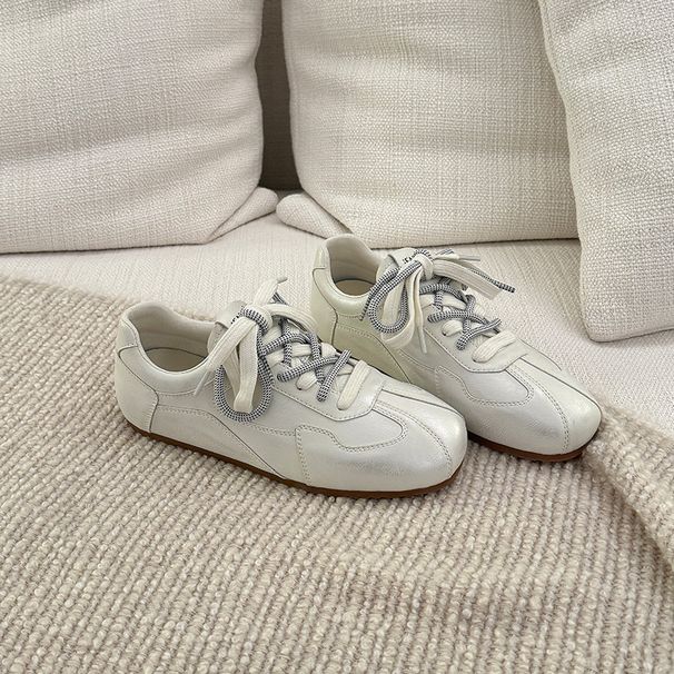 Genuine Leather Flat White For Women, 2026 Spring New Model, Double Shoelaces, Soft Sole, Non-slip, Versatile,_vogvips.com