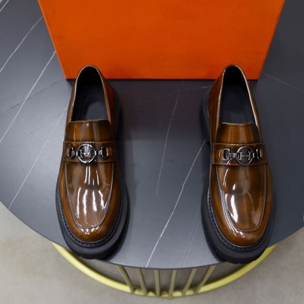 Luxury Men's Genuine Leather Thick-Soled Loafers Open Edge Beaded Cowhide Glossy Lightweight Wear-Resistant Business_vogvips.com