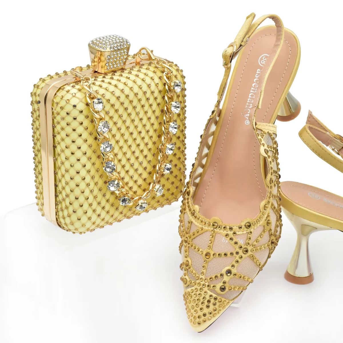 Women Shoe Bag Set Fashion Shiny Rhinestone Mesh Evening High Heel Pointed Toe Sandals Elegant Fairy Style_vogvips.com