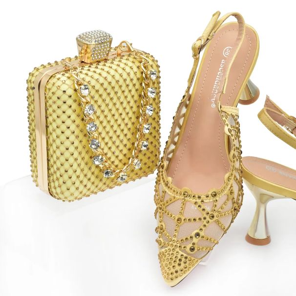 Women Shoe Bag Set Fashion Shiny Rhinestone Mesh Evening High Heel Pointed Toe Sandals Elegant Fairy Style_vogvips.com