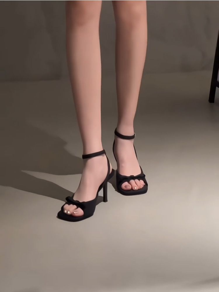 Butterfly Knot French Style Stunning Sandals With Thin Heels, High-End Roman Shoes, Ankle Strap Black High Heels For_vogvips.com