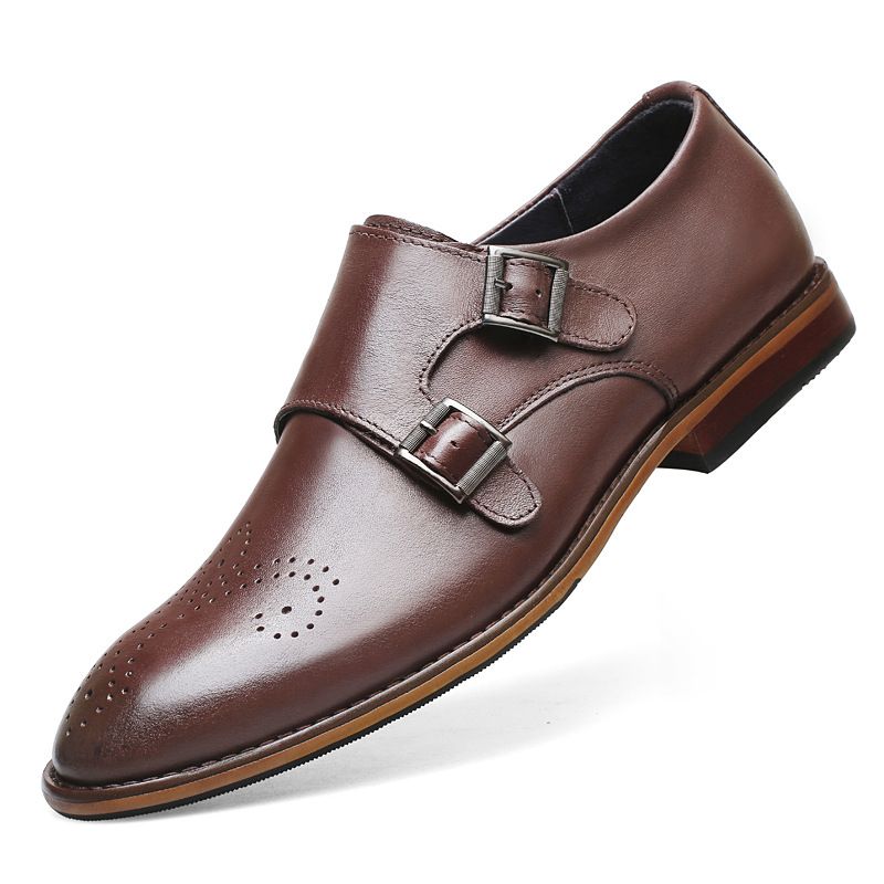 Carved Men's Pointed Head Polished Leather Splicing Professional Dress Men's Shoes Retro Leather Shoes_vogvips.com