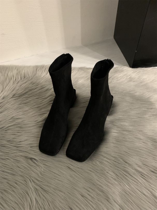 Slim Short For Women 2024 Spring And Autumn New Style Chunky Mid Heel Fleece Lined Stretch Sock Nude Color Martin Boots_vogvips.com